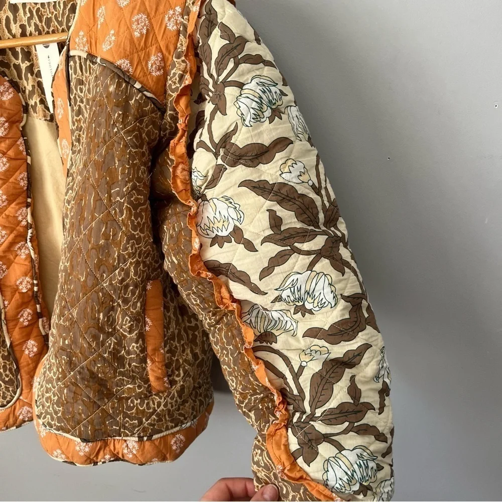 Anthropologie X Llani Quilted Brown & Orange Motif Printed Jacket Size M/L NWT - Picture 6 of 16